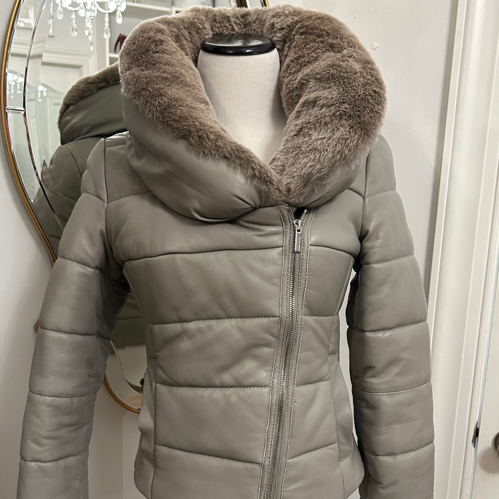 Karen Millen gray leather coat